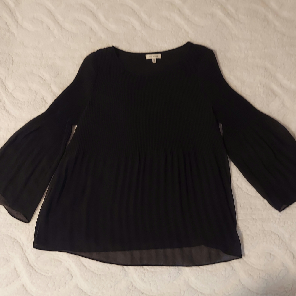 Max Studio Black Pleated Chiffon Top with Fluted Sleeves